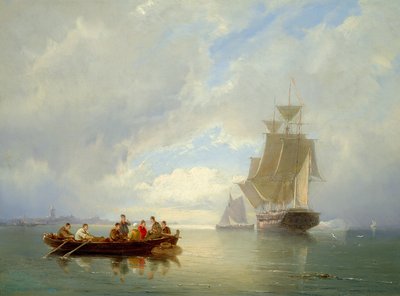 A Ship Becalmed and a Rowing Boat by Pieter Christiaan Cornelis Dommelshuizen